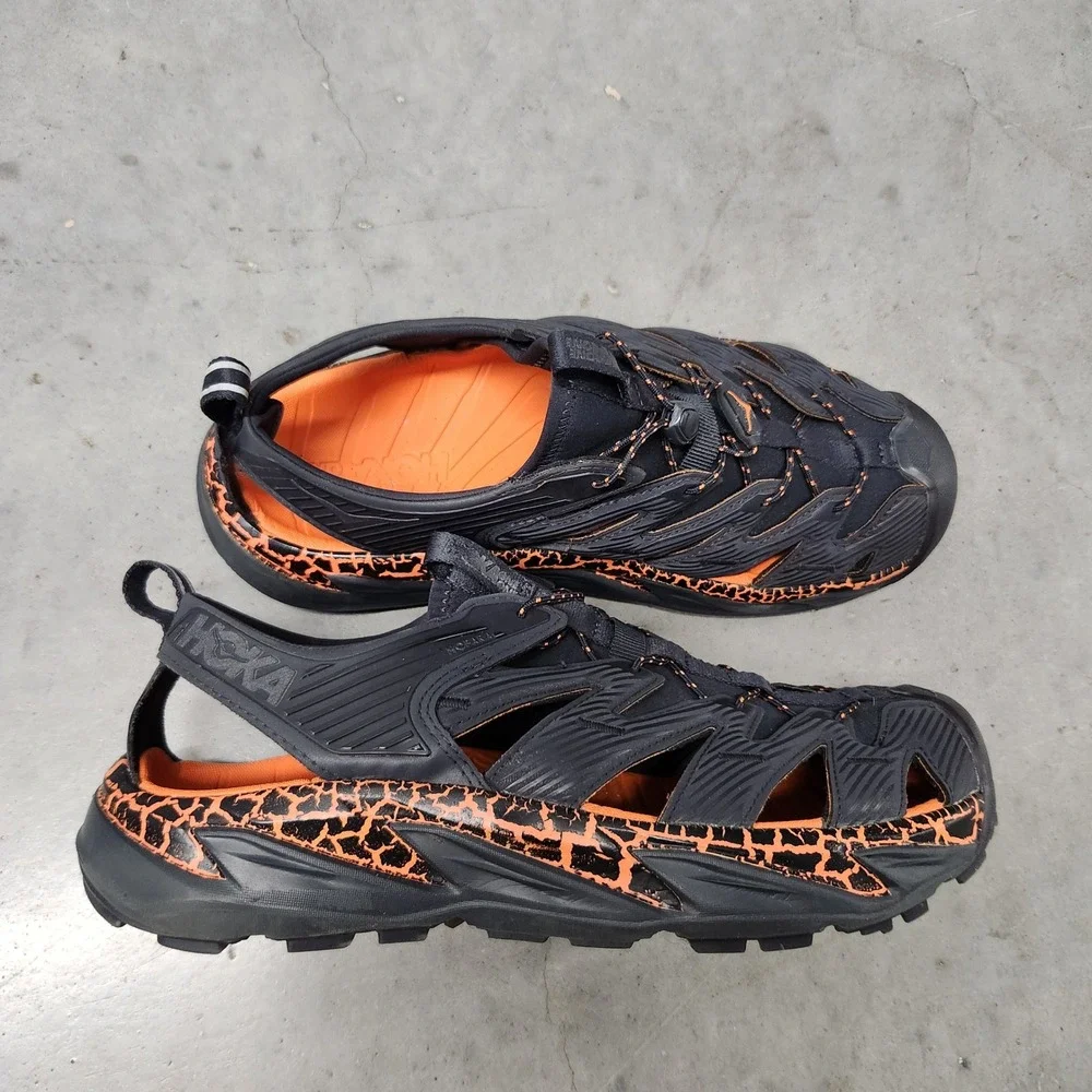 Hoka One One Hopara Men 11 Black Orange Mountain Hiking Sandals 1123112 BGPO